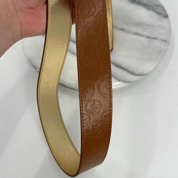 Michael Kors gold and faux leather brown mk embossed belt - Picture 6 of 8